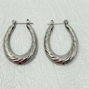 Silver Tone Twisted Oval Hoop Earrings Textured High Polish Finish Drop